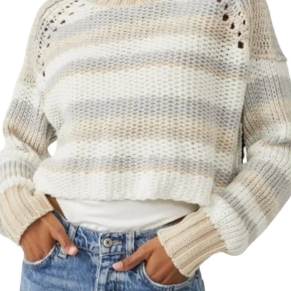 Free People Devon Cropped Sweater Gravity Combo Gray Cream Striped XS